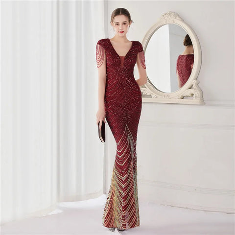 Elegant V - Neck beaded Long Mermaid Evening Dress Long - American Thistle Elegant V - Neck beaded Long Mermaid Evening Dress Long