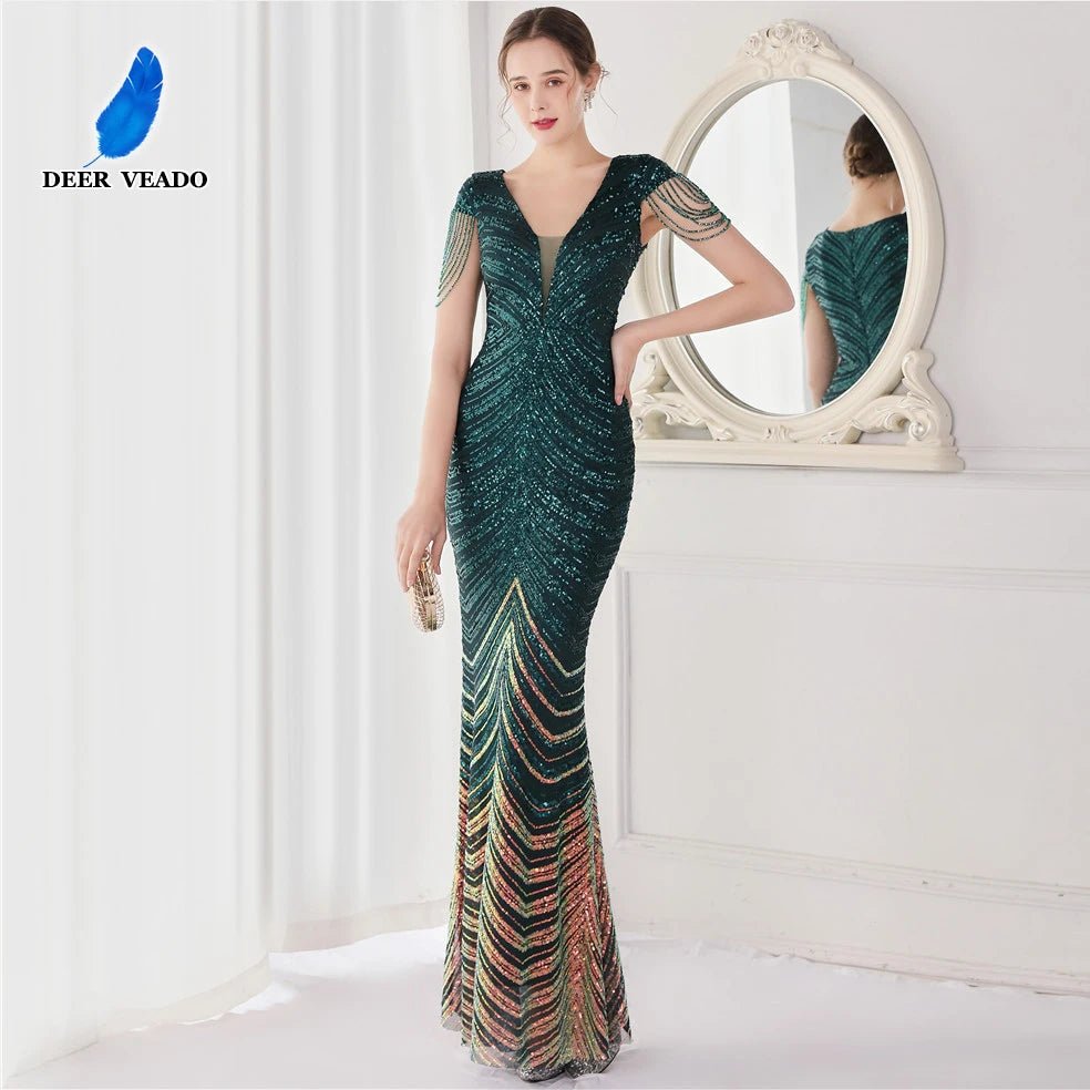 Elegant V - Neck beaded Long Mermaid Evening Dress Long - American Thistle Elegant V - Neck beaded Long Mermaid Evening Dress Long