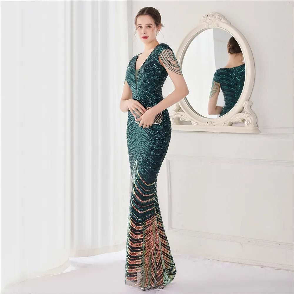 Elegant V - Neck beaded Long Mermaid Evening Dress Long - American Thistle Elegant V - Neck beaded Long Mermaid Evening Dress Long