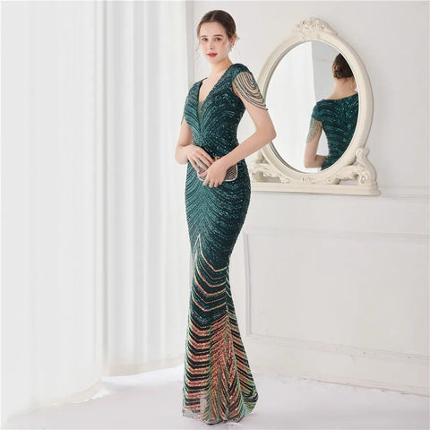 Elegant V - Neck beaded Long Mermaid Evening Dress Long - American Thistle Elegant V - Neck beaded Long Mermaid Evening Dress Long