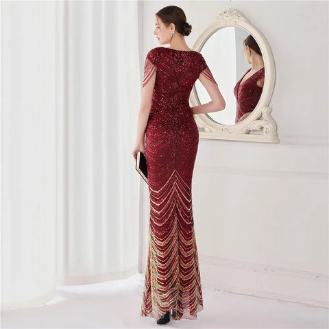 Elegant V - Neck beaded Long Mermaid Evening Dress Long - American Thistle Elegant V - Neck beaded Long Mermaid Evening Dress Long