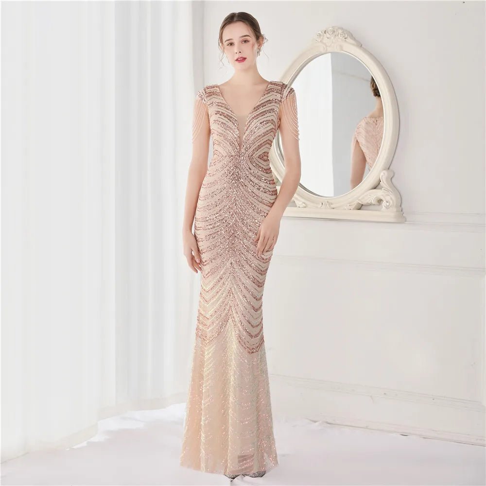 Elegant V - Neck beaded Long Mermaid Evening Dress Long - American Thistle Elegant V - Neck beaded Long Mermaid Evening Dress Long