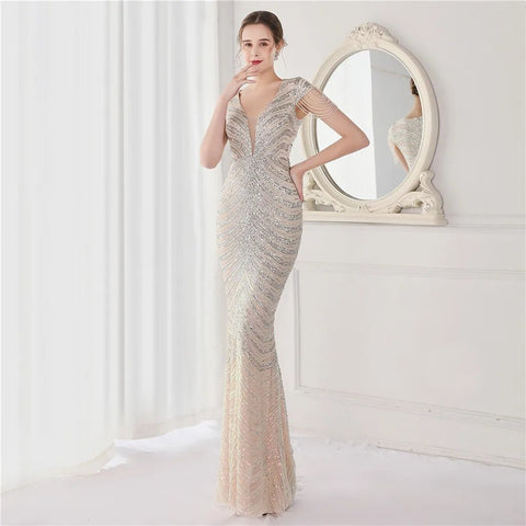 Elegant V - Neck beaded Long Mermaid Evening Dress Long - American Thistle Elegant V - Neck beaded Long Mermaid Evening Dress Long