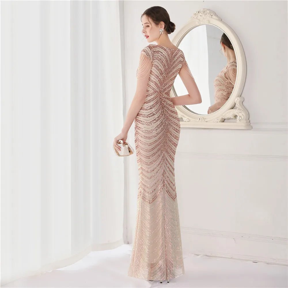 Elegant V - Neck beaded Long Mermaid Evening Dress Long - American Thistle Elegant V - Neck beaded Long Mermaid Evening Dress Long