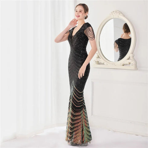 Elegant V - Neck beaded Long Mermaid Evening Dress Long - American Thistle Elegant V - Neck beaded Long Mermaid Evening Dress Long