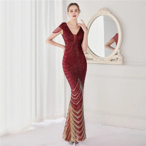 Elegant V - Neck beaded Long Mermaid Evening Dress Long - American Thistle Elegant V - Neck beaded Long Mermaid Evening Dress Long