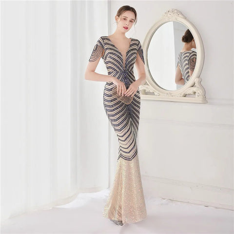Elegant V - Neck beaded Long Mermaid Evening Dress Long - American Thistle Elegant V - Neck beaded Long Mermaid Evening Dress Long