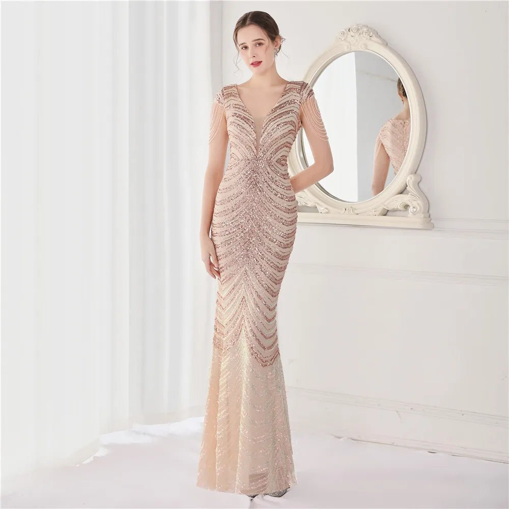 Elegant V - Neck beaded Long Mermaid Evening Dress Long - American Thistle Elegant V - Neck beaded Long Mermaid Evening Dress Long