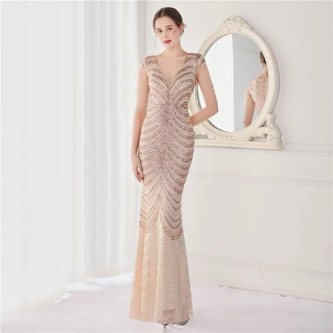 Elegant V - Neck beaded Long Mermaid Evening Dress Long - American Thistle Elegant V - Neck beaded Long Mermaid Evening Dress Long