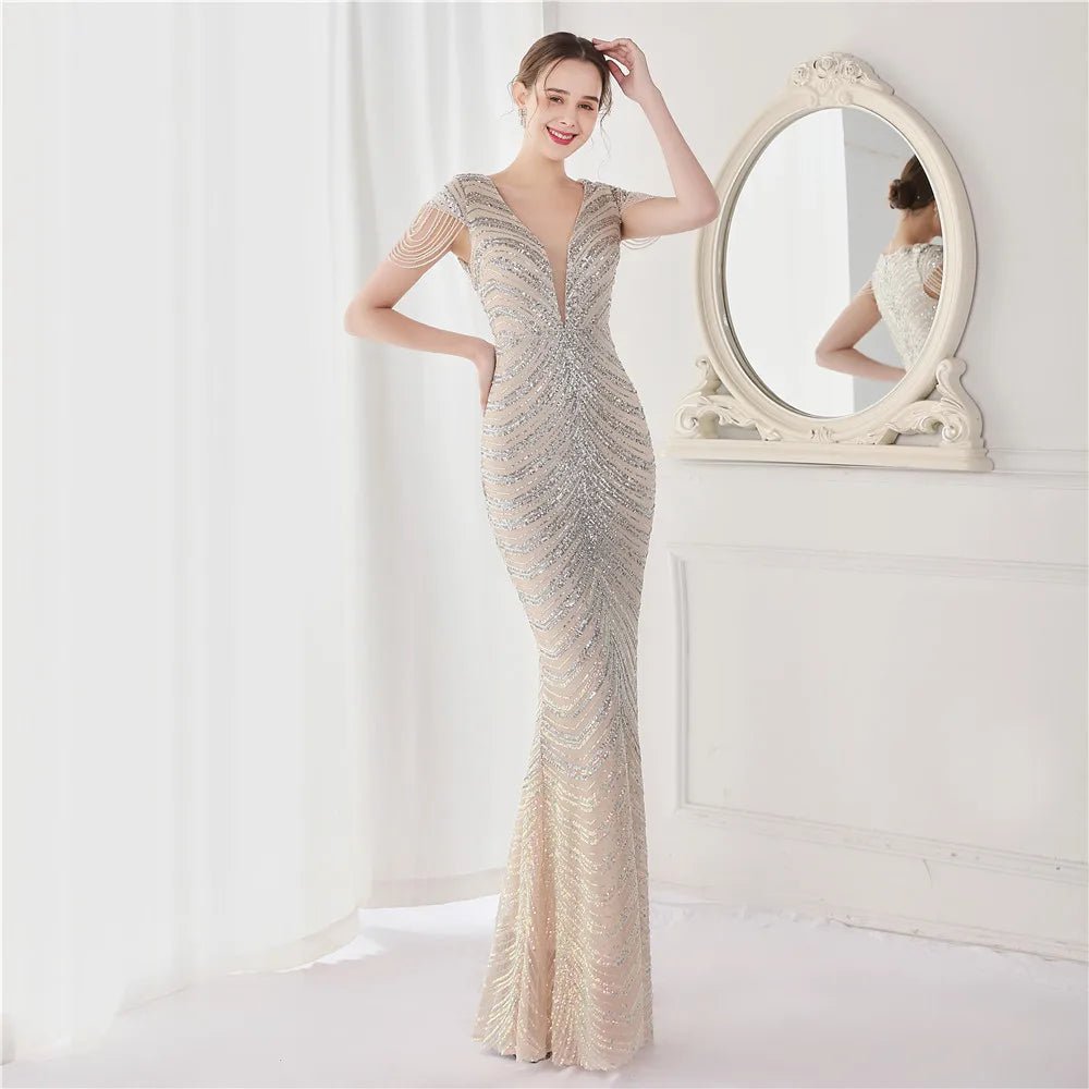 Elegant V - Neck beaded Long Mermaid Evening Dress Long - American Thistle Elegant V - Neck beaded Long Mermaid Evening Dress Long