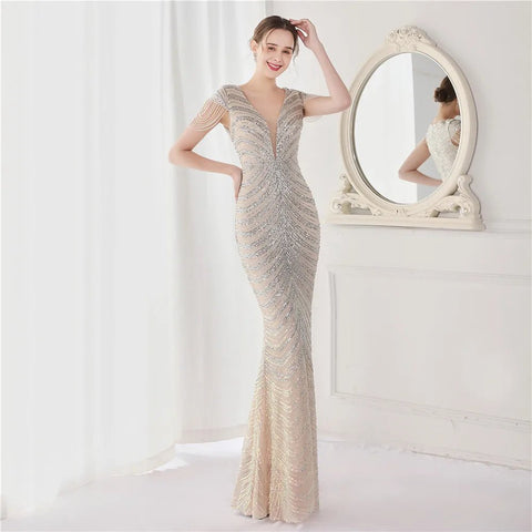 Elegant V - Neck beaded Long Mermaid Evening Dress Long - American Thistle Elegant V - Neck beaded Long Mermaid Evening Dress Long