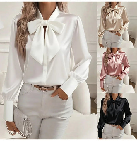 Elelgant Loose Blouse With Bow Women Autumn Winter Fashion Long Sleeve Top - American Thistle Elelgant Loose Blouse With Bow Women Autumn Winter Fashion Long Sleeve Top