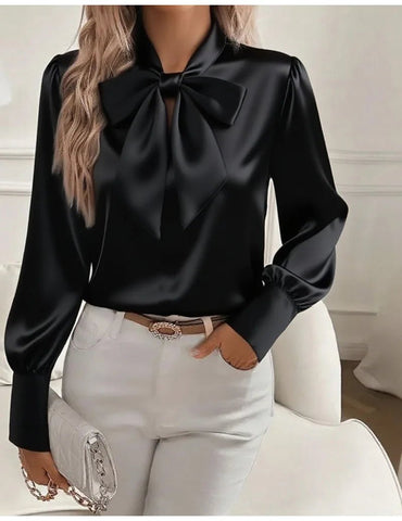 Elelgant Loose Blouse With Bow Women Autumn Winter Fashion Long Sleeve Top - American Thistle Elelgant Loose Blouse With Bow Women Autumn Winter Fashion Long Sleeve Top
