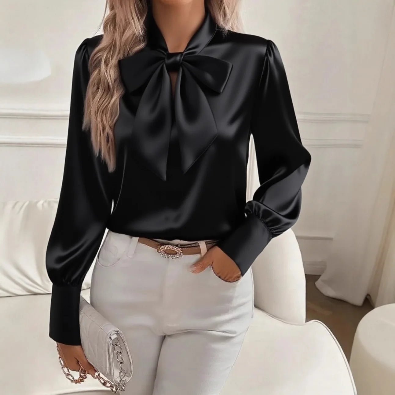 Elelgant Loose Blouse With Bow Women Autumn Winter Fashion Long Sleeve Top - American Thistle Elelgant Loose Blouse With Bow Women Autumn Winter Fashion Long Sleeve Top