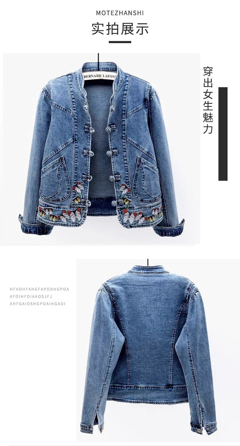 Embroidered Butterfly Denim Jacket Women Jackets Cardigan Cowboy Coat B - American Thistle Embroidered Butterfly Denim Jacket Women Jackets Cardigan Cowboy Coat B