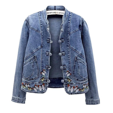 Embroidered Butterfly Denim Jacket Women Jackets Cardigan Cowboy Coat B - American Thistle Embroidered Butterfly Denim Jacket Women Jackets Cardigan Cowboy Coat B