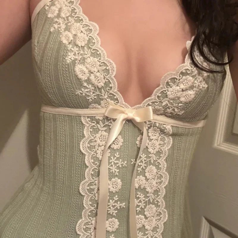 Fairy Coquette Tank Top Women Lace Floral V Neck Spaghetti Strap Sleeveless Vest with Bow - American Thistle Fairy Coquette Tank Top Women Lace Floral V Neck Spaghetti Strap Sleeveless Vest with Bow