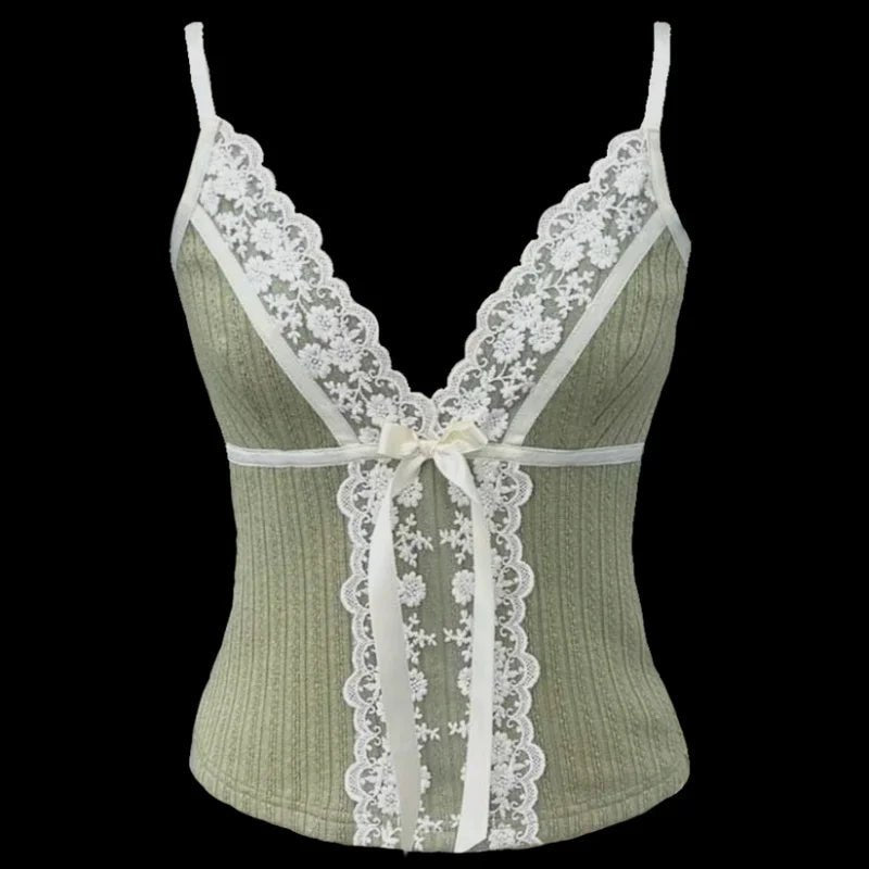 Fairy Coquette Tank Top Women Lace Floral V Neck Spaghetti Strap Sleeveless Vest with Bow - American Thistle Fairy Coquette Tank Top Women Lace Floral V Neck Spaghetti Strap Sleeveless Vest with Bow