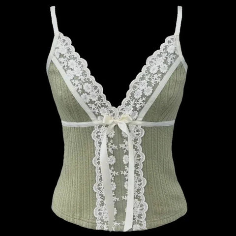 Fairy Coquette Tank Top Women Lace Floral V Neck Spaghetti Strap Sleeveless Vest with Bow - American Thistle Fairy Coquette Tank Top Women Lace Floral V Neck Spaghetti Strap Sleeveless Vest with Bow