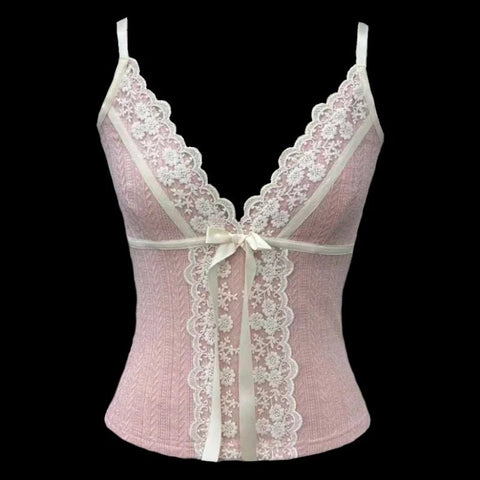 Fairy Coquette Tank Top Women Lace Floral V Neck Spaghetti Strap Sleeveless Vest with Bow - American Thistle Fairy Coquette Tank Top Women Lace Floral V Neck Spaghetti Strap Sleeveless Vest with Bow