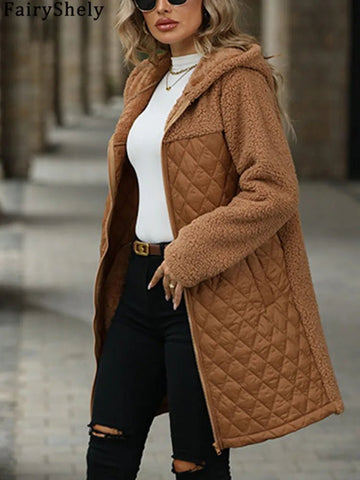 FairyShely 2025 Winter Solid Women Jacket Thick Plush Hooded Warm Long Sleeve Long Coat Soft Zipper Patchwork Cardigan Lady Coat - American Thistle FairyShely 2025 Winter Solid Women Jacket Thick Plush Hooded Warm Long Sleeve Long Coat Soft Zipper Patchwork Cardigan Lady Coat