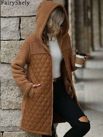 FairyShely 2025 Winter Solid Women Jacket Thick Plush Hooded Warm Long Sleeve Long Coat Soft Zipper Patchwork Cardigan Lady Coat - American Thistle FairyShely 2025 Winter Solid Women Jacket Thick Plush Hooded Warm Long Sleeve Long Coat Soft Zipper Patchwork Cardigan Lady Coat