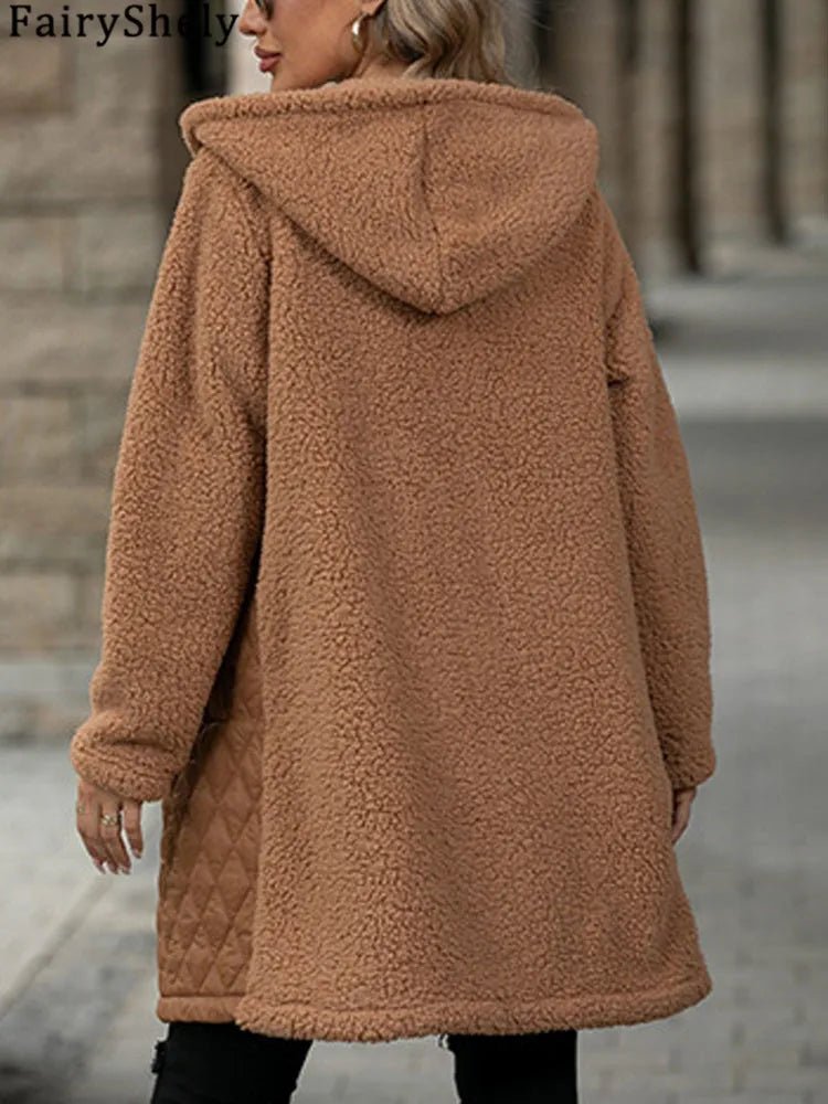 FairyShely 2025 Winter Solid Women Jacket Thick Plush Hooded Warm Long Sleeve Long Coat Soft Zipper Patchwork Cardigan Lady Coat - American Thistle FairyShely 2025 Winter Solid Women Jacket Thick Plush Hooded Warm Long Sleeve Long Coat Soft Zipper Patchwork Cardigan Lady Coat