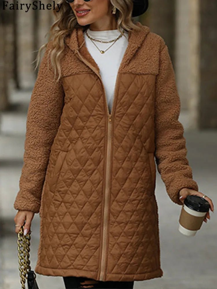 FairyShely 2025 Winter Solid Women Jacket Thick Plush Hooded Warm Long Sleeve Long Coat Soft Zipper Patchwork Cardigan Lady Coat - American Thistle FairyShely 2025 Winter Solid Women Jacket Thick Plush Hooded Warm Long Sleeve Long Coat Soft Zipper Patchwork Cardigan Lady Coat