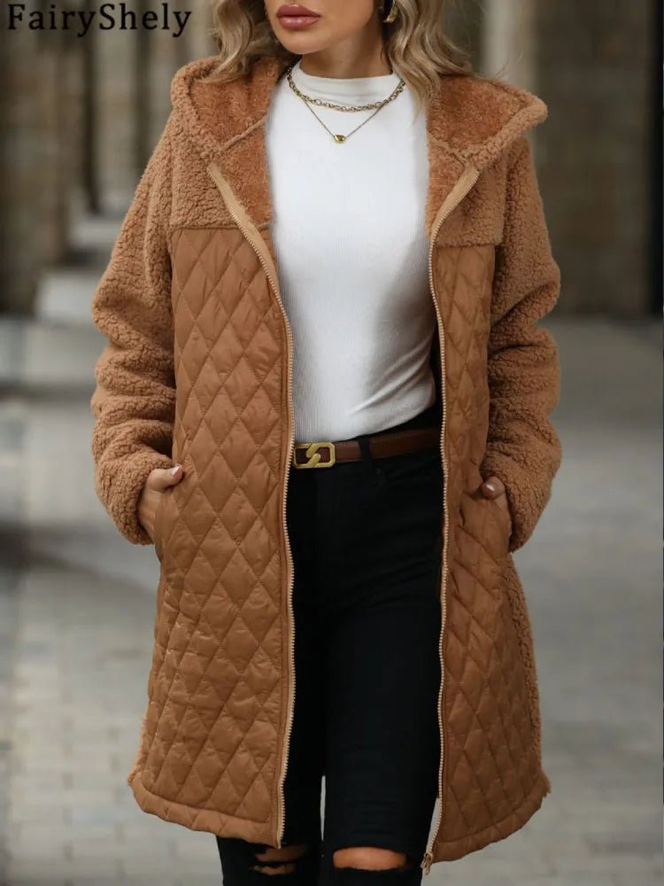 FairyShely 2025 Winter Solid Women Jacket Thick Plush Hooded Warm Long Sleeve Long Coat Soft Zipper Patchwork Cardigan Lady Coat - American Thistle FairyShely 2025 Winter Solid Women Jacket Thick Plush Hooded Warm Long Sleeve Long Coat Soft Zipper Patchwork Cardigan Lady Coat