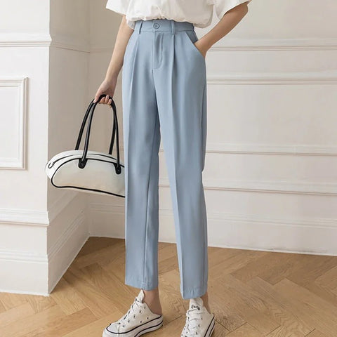 Fall Spring Black Suit Haren Pants Women Fashion Elastic High Waist Casual Trousers Woman Korean Style Solid Office Pant 2023 - American Thistle Fall Spring Black Suit Haren Pants Women Fashion Elastic High Waist Casual Trousers Woman Korean Style Solid Office Pant 2023