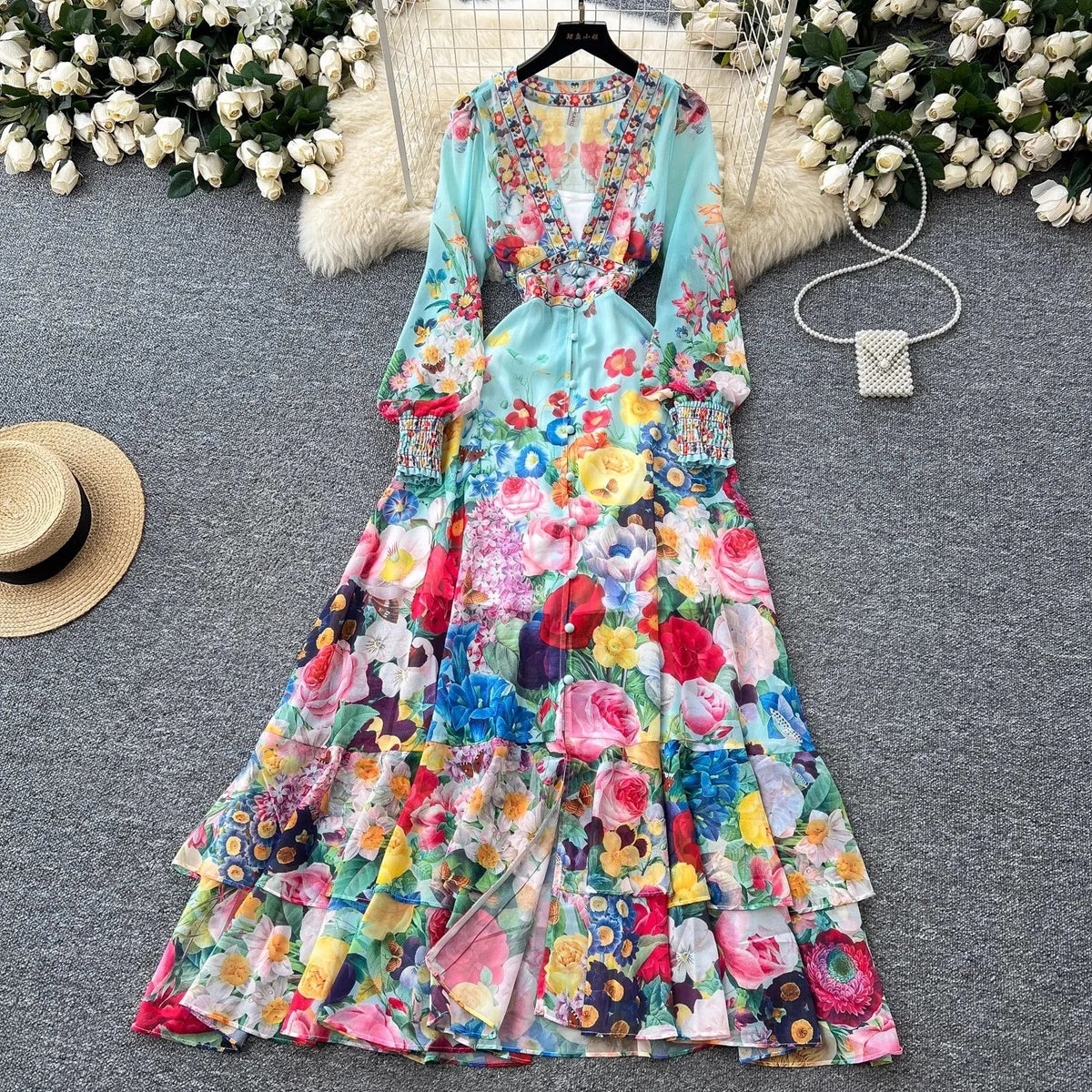 Fashion Gorgeous Flower Chiffon Maxi Ruffles Dress Women Sexy Deep V Neck Long Lantern Sleeve Floral Print Boho - American Thistle Fashion Gorgeous Flower Chiffon Maxi Ruffles Dress Women Sexy Deep V Neck Long Lantern Sleeve Floral Print Boho