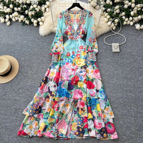 Fashion Gorgeous Flower Chiffon Maxi Ruffles Dress Women Sexy Deep V Neck Long Lantern Sleeve Floral Print Boho - American Thistle Fashion Gorgeous Flower Chiffon Maxi Ruffles Dress Women Sexy Deep V Neck Long Lantern Sleeve Floral Print Boho