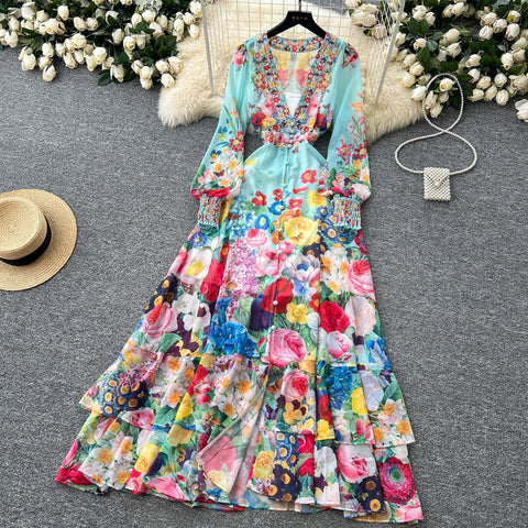 Fashion Gorgeous Flower Chiffon Maxi Ruffles Dress Women Sexy Deep V Neck Long Lantern Sleeve Floral Print Boho - American Thistle Fashion Gorgeous Flower Chiffon Maxi Ruffles Dress Women Sexy Deep V Neck Long Lantern Sleeve Floral Print Boho