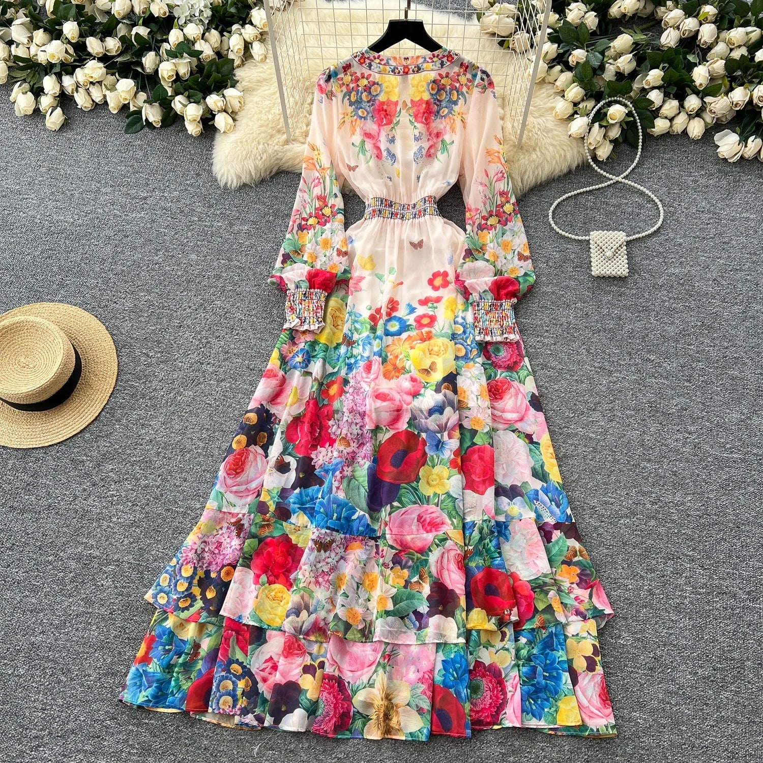Fashion Gorgeous Flower Chiffon Maxi Ruffles Dress Women Sexy Deep V Neck Long Lantern Sleeve Floral Print Boho - American Thistle Fashion Gorgeous Flower Chiffon Maxi Ruffles Dress Women Sexy Deep V Neck Long Lantern Sleeve Floral Print Boho