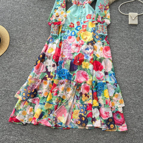 Fashion Gorgeous Flower Chiffon Maxi Ruffles Dress Women Sexy Deep V Neck Long Lantern Sleeve Floral Print Boho - American Thistle Fashion Gorgeous Flower Chiffon Maxi Ruffles Dress Women Sexy Deep V Neck Long Lantern Sleeve Floral Print Boho