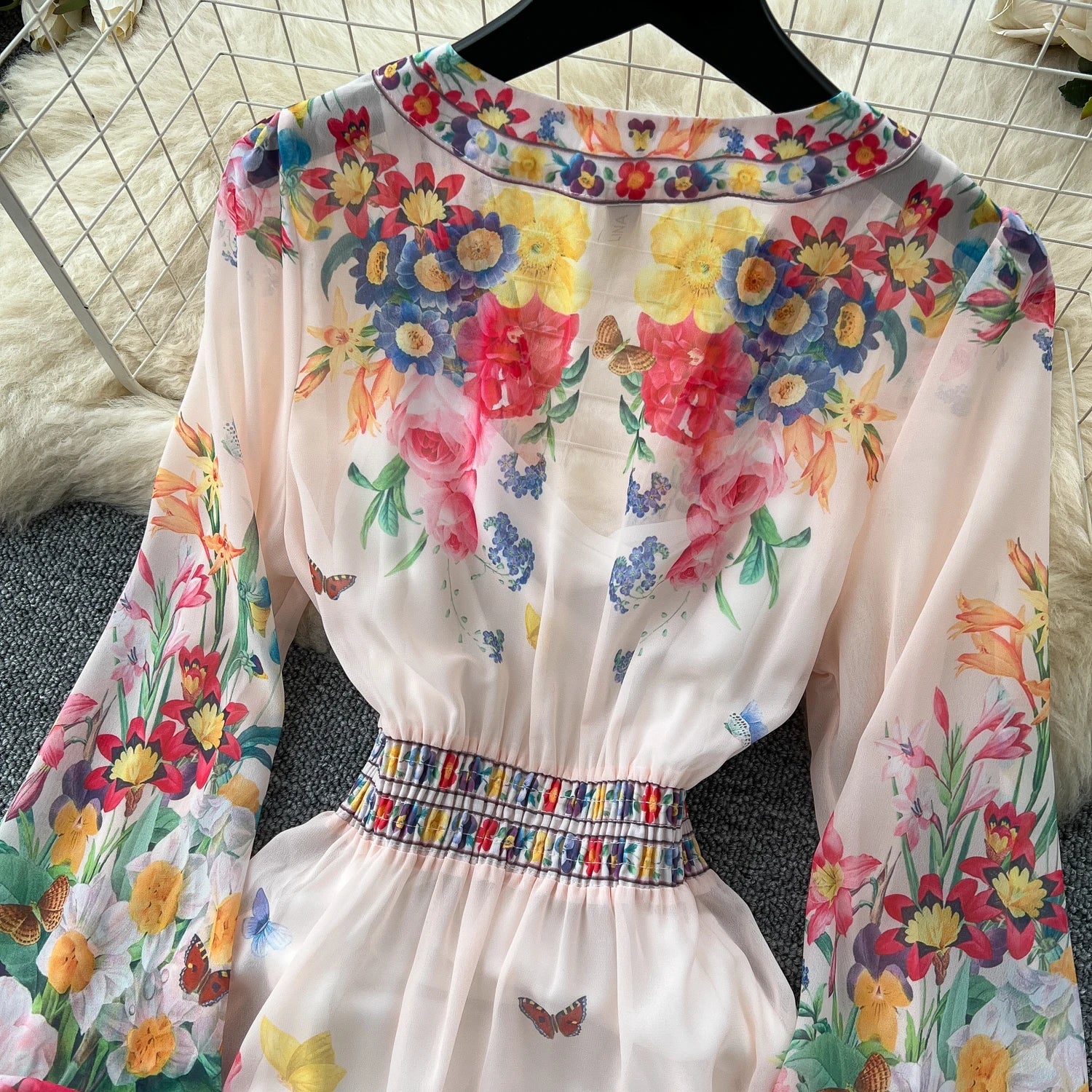 Fashion Gorgeous Flower Chiffon Maxi Ruffles Dress Women Sexy Deep V Neck Long Lantern Sleeve Floral Print Boho - American Thistle Fashion Gorgeous Flower Chiffon Maxi Ruffles Dress Women Sexy Deep V Neck Long Lantern Sleeve Floral Print Boho