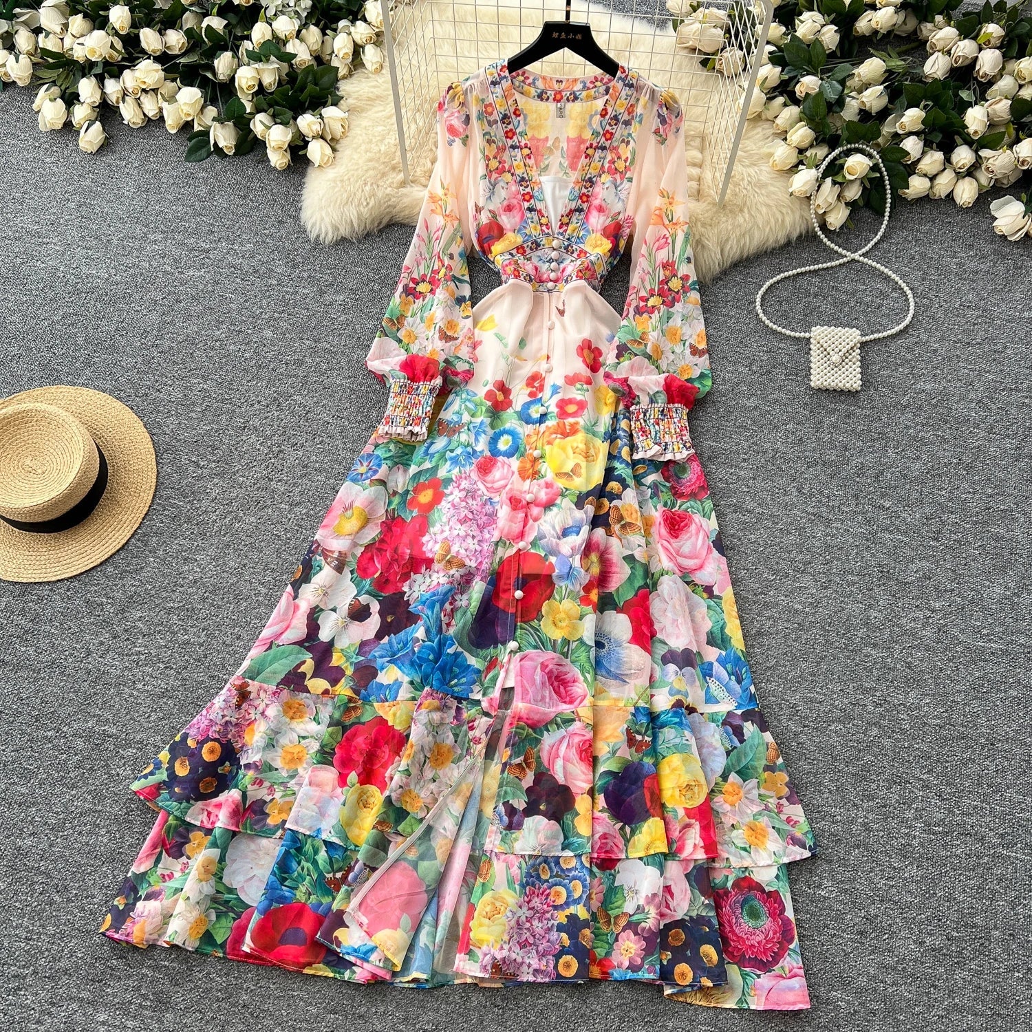 Fashion Gorgeous Flower Chiffon Maxi Ruffles Dress Women Sexy Deep V Neck Long Lantern Sleeve Floral Print Boho - American Thistle Fashion Gorgeous Flower Chiffon Maxi Ruffles Dress Women Sexy Deep V Neck Long Lantern Sleeve Floral Print Boho