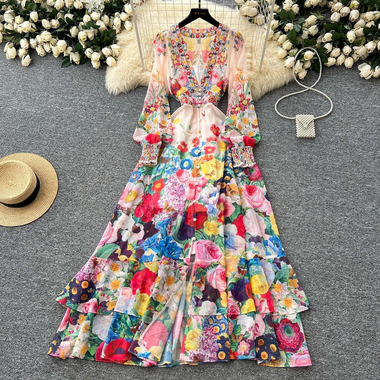 Fashion Gorgeous Flower Chiffon Maxi Ruffles Dress Women Sexy Deep V Neck Long Lantern Sleeve Floral Print Boho - American Thistle Fashion Gorgeous Flower Chiffon Maxi Ruffles Dress Women Sexy Deep V Neck Long Lantern Sleeve Floral Print Boho