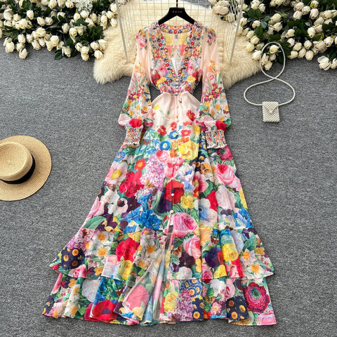 Fashion Gorgeous Flower Chiffon Maxi Ruffles Dress Women Sexy Deep V Neck Long Lantern Sleeve Floral Print Boho - American Thistle Fashion Gorgeous Flower Chiffon Maxi Ruffles Dress Women Sexy Deep V Neck Long Lantern Sleeve Floral Print Boho