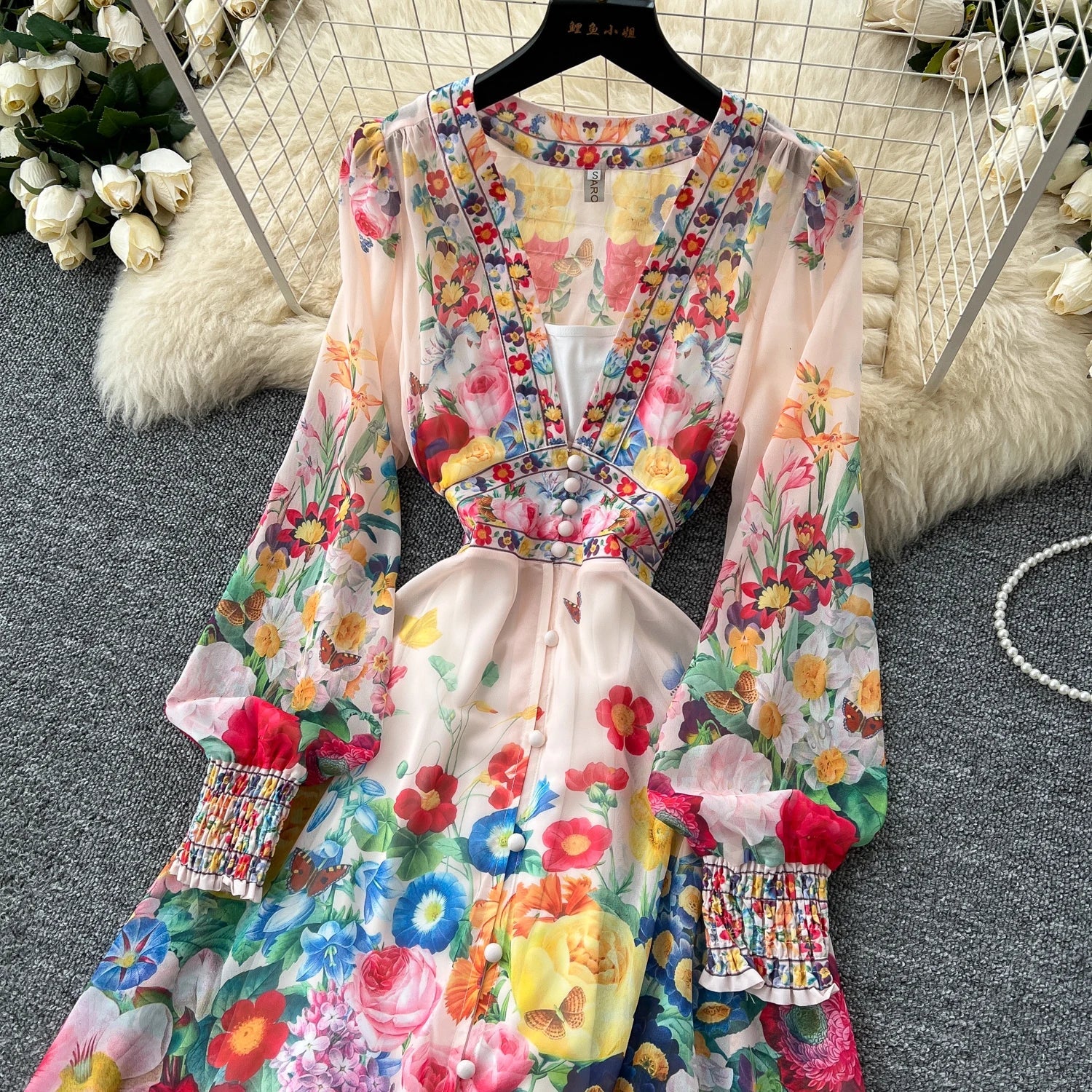 Fashion Gorgeous Flower Chiffon Maxi Ruffles Dress Women Sexy Deep V Neck Long Lantern Sleeve Floral Print Boho - American Thistle Fashion Gorgeous Flower Chiffon Maxi Ruffles Dress Women Sexy Deep V Neck Long Lantern Sleeve Floral Print Boho