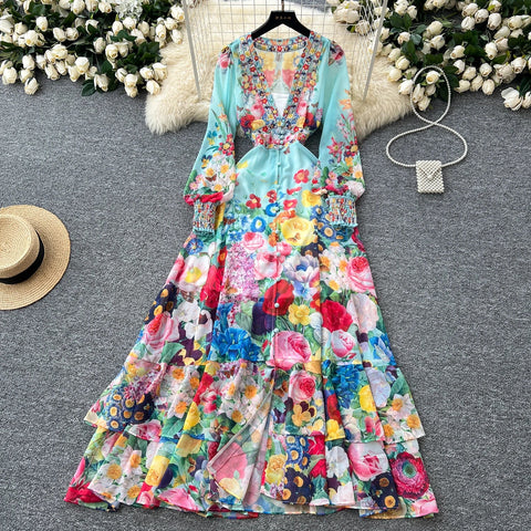 Fashion Gorgeous Flower Chiffon Maxi Ruffles Dress Women Sexy Deep V Neck Long Lantern Sleeve Floral Print Boho - American Thistle Fashion Gorgeous Flower Chiffon Maxi Ruffles Dress Women Sexy Deep V Neck Long Lantern Sleeve Floral Print Boho