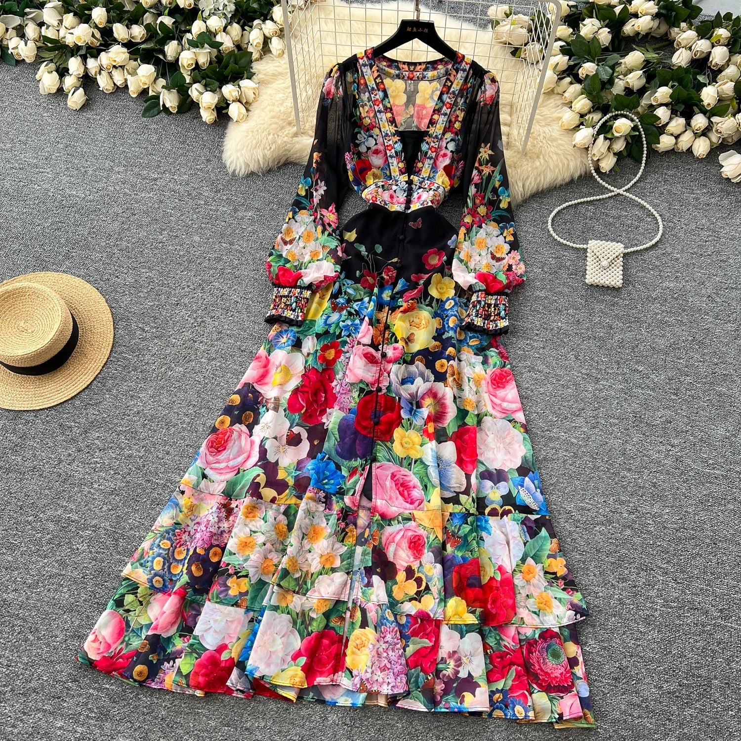 Fashion Gorgeous Flower Chiffon Maxi Ruffles Dress Women Sexy Deep V Neck Long Lantern Sleeve Floral Print Boho - American Thistle Fashion Gorgeous Flower Chiffon Maxi Ruffles Dress Women Sexy Deep V Neck Long Lantern Sleeve Floral Print Boho