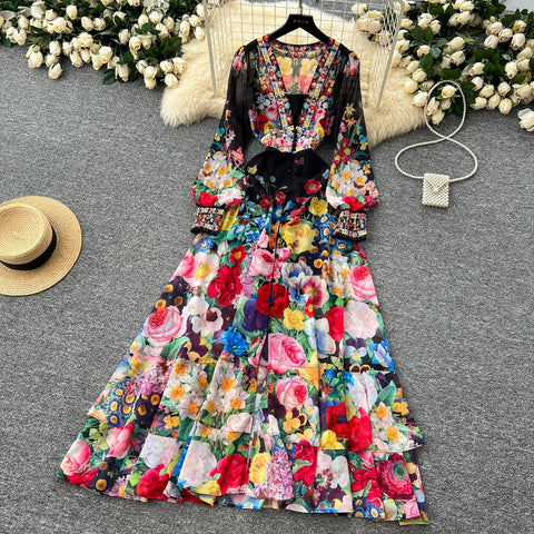 Fashion Gorgeous Flower Chiffon Maxi Ruffles Dress Women Sexy Deep V Neck Long Lantern Sleeve Floral Print Boho - American Thistle Fashion Gorgeous Flower Chiffon Maxi Ruffles Dress Women Sexy Deep V Neck Long Lantern Sleeve Floral Print Boho