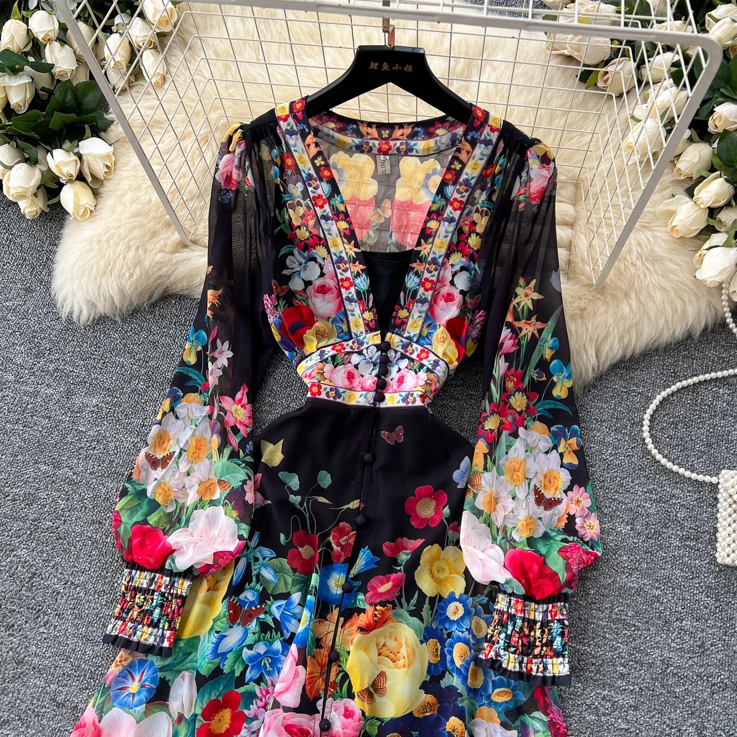 Fashion Gorgeous Flower Chiffon Maxi Ruffles Dress Women Sexy Deep V Neck Long Lantern Sleeve Floral Print Boho - American Thistle Fashion Gorgeous Flower Chiffon Maxi Ruffles Dress Women Sexy Deep V Neck Long Lantern Sleeve Floral Print Boho