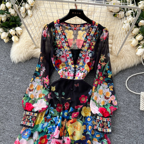 Fashion Gorgeous Flower Chiffon Maxi Ruffles Dress Women Sexy Deep V Neck Long Lantern Sleeve Floral Print Boho - American Thistle Fashion Gorgeous Flower Chiffon Maxi Ruffles Dress Women Sexy Deep V Neck Long Lantern Sleeve Floral Print Boho
