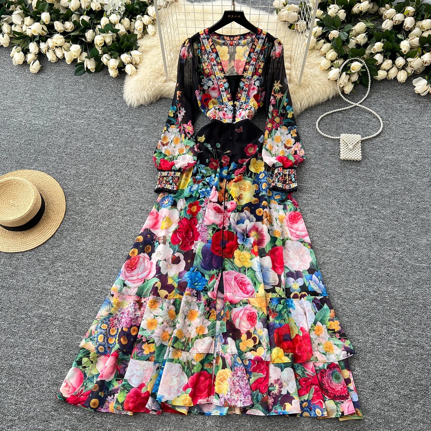 Fashion Gorgeous Flower Chiffon Maxi Ruffles Dress Women Sexy Deep V Neck Long Lantern Sleeve Floral Print Boho - American Thistle Fashion Gorgeous Flower Chiffon Maxi Ruffles Dress Women Sexy Deep V Neck Long Lantern Sleeve Floral Print Boho