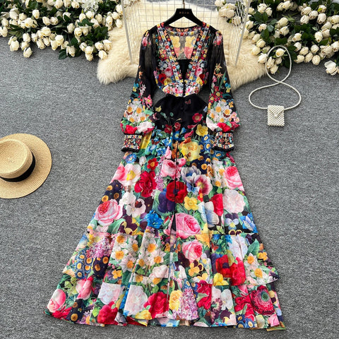 Fashion Gorgeous Flower Chiffon Maxi Ruffles Dress Women Sexy Deep V Neck Long Lantern Sleeve Floral Print Boho - American Thistle Fashion Gorgeous Flower Chiffon Maxi Ruffles Dress Women Sexy Deep V Neck Long Lantern Sleeve Floral Print Boho
