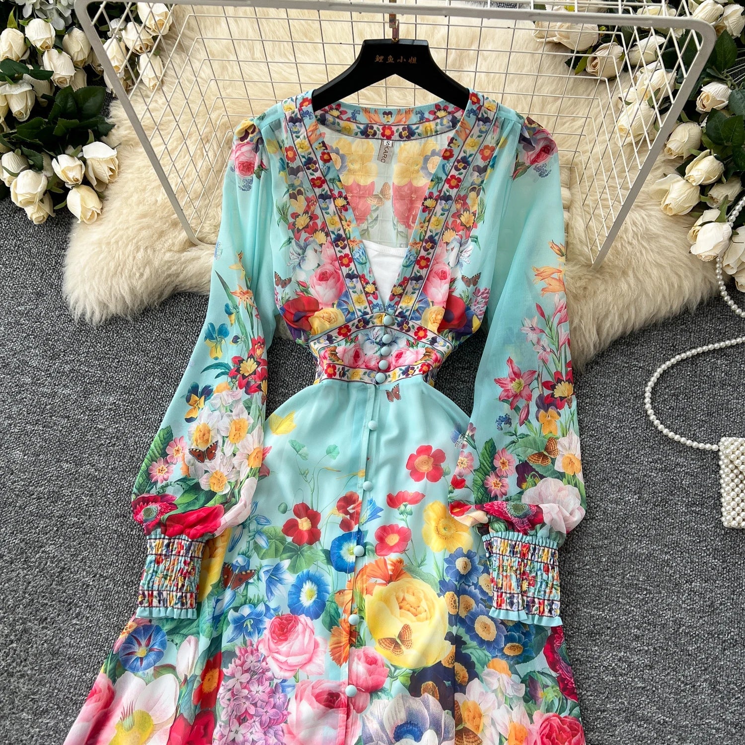 Fashion Gorgeous Flower Chiffon Maxi Ruffles Dress Women Sexy Deep V Neck Long Lantern Sleeve Floral Print Boho - American Thistle Fashion Gorgeous Flower Chiffon Maxi Ruffles Dress Women Sexy Deep V Neck Long Lantern Sleeve Floral Print Boho