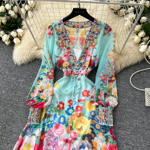 Fashion Gorgeous Flower Chiffon Maxi Ruffles Dress Women Sexy Deep V Neck Long Lantern Sleeve Floral Print Boho - American Thistle Fashion Gorgeous Flower Chiffon Maxi Ruffles Dress Women Sexy Deep V Neck Long Lantern Sleeve Floral Print Boho