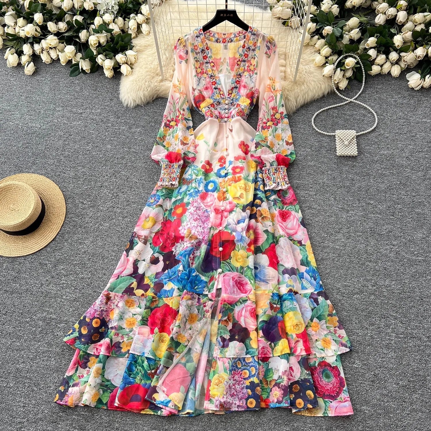 Fashion Gorgeous Flower Chiffon Maxi Ruffles Dress Women Sexy Deep V Neck Long Lantern Sleeve Floral Print Boho - American Thistle Fashion Gorgeous Flower Chiffon Maxi Ruffles Dress Women Sexy Deep V Neck Long Lantern Sleeve Floral Print Boho